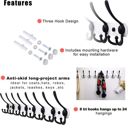 Dseap Coat Rack Wall Mount - 29.5” Long 8-Tri-Hooks Heavy Duty Coat Hanger Rail Wall Hooks for Hanging Coats Hats Clothing Clothes Purse Mudroom Entryway, White & Black, Pack of 2