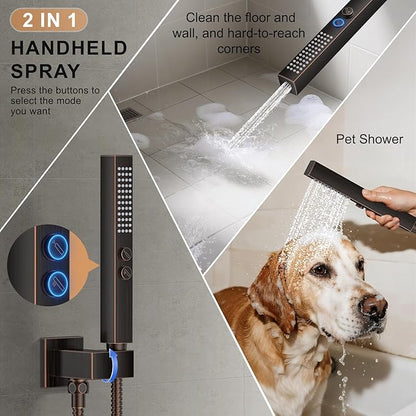Shower Faucet Set, Wall Mount Shower System 12 and 6 Inch Dual Shower Head Set with 2 in 1 Handheld Spray Rain Shower Faucet with Rough-in Valve and Shower Trim Kit, Oil Rubbed Bronze