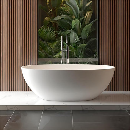 Abruzzo 65" Matte White Freestanding Solid Surface Bathtub, Luxury Handcrafted Stone Resin Freestanding Soaking Bathtub with Overflow and Pop-up Drain