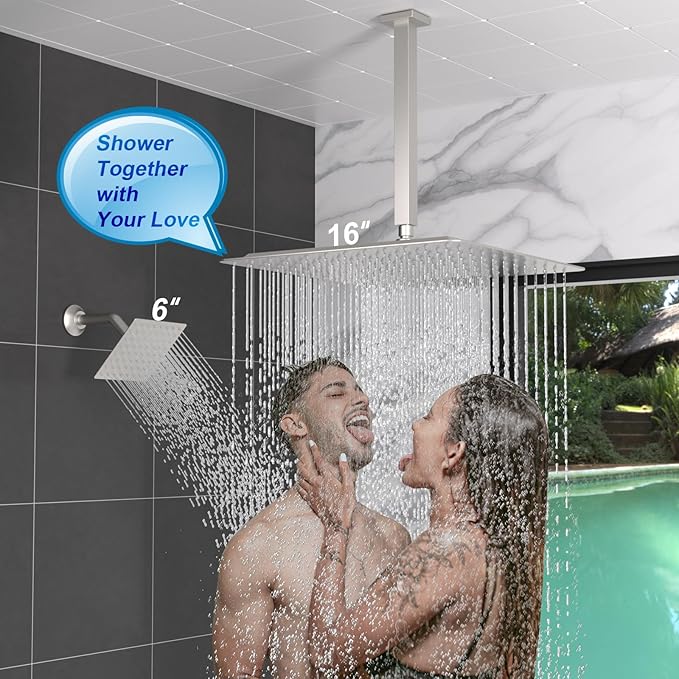 Enga Thermostatic Dual Head Shower System, 16" + 6" Dual Rainfall Shower System (Can All Run Together & Volume Adjustable) Dual Shower Head Combo Set, Brushed Nickel