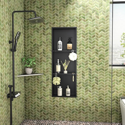 Stainless Steel Shower Niche w/Hooks, Wall Vertical Niche Without Tiling, Recessed Shower Shelf for Bathroom Storage, Over-Mount Installation (Black, 12'' x 36'')