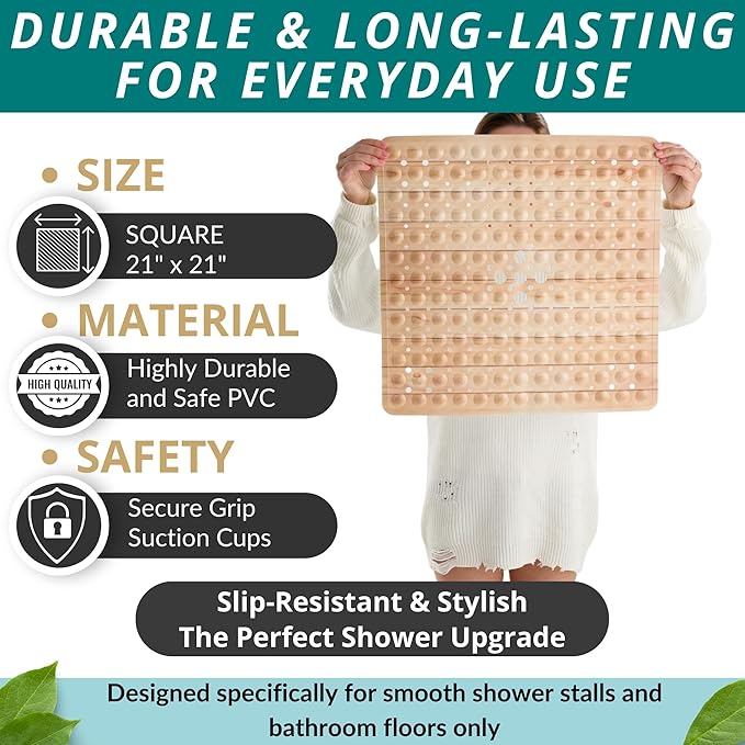 ENKOSI Square Shower Mat 21x21 inch - Anti Slip Bathroom Shower Floor Stall Mat - Non Slip Wood Design Shower Mats with Strong Secure Suction Cups and Drain Holes in Middle (21x21 Wood Teak)