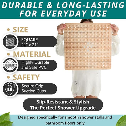 ENKOSI Square Shower Mat 21x21 inch - Anti Slip Bathroom Shower Floor Stall Mat - Non Slip Wood Design Shower Mats with Strong Secure Suction Cups and Drain Holes in Middle (21x21 Wood Teak)