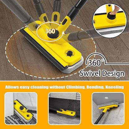 JEHONN Shower Cleaning Brush, 53.5 inches Long Handle Scrubbing Brush, 3-in-1 Bathroom Tub Tile Scrubber Mop with Squeegee for Bathtub Sink Tile Floor Wall Glass Deck (Yellow)