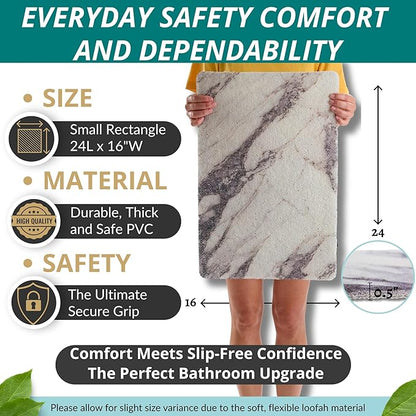 ENKOSI Loofah Non-Slip Shower and Bath Mat - Soft Cushioned Comfort - No Suction Cups for Smooth or Textured Tubs - Fast Draining - Safety for Bathroom, Family, and Elderly (24x16 Marble Grey)