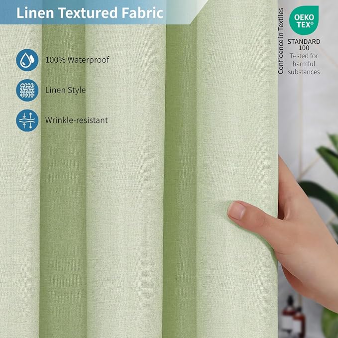 2-in-1 Waterproof Fabric Shower Curtain or Liner,Linen Textured,Breathable TPU & Washable Bathroom Shower Curtain Set with 12 Plastic Hooks,Modern,72"x72",Green