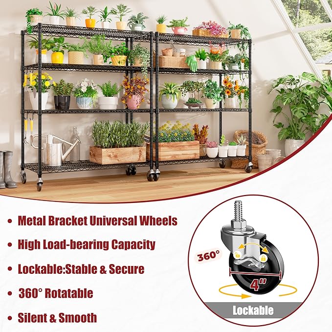 PrimeZone 55.5" W x 24" D x 80" H Heavy Duty Wire Storage Shelves with Wheels, 4 Tier Adjustable NSF Certified Garage Shelving Unit, Rolling Metal Organizer Shelf Rack for Warehouse, Pantry, Black