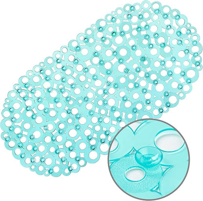 WELTRXE Oval Bathtub Mat Non Slip, Clear Teal Bubbles Bath Mats for Tub, Shower Mat with Drain Holes, Suction Cups, Machine Washable Bath Tub Mat, BPA, Latex, Phthalate Free for Bathroom, 27 x 14 Inch
