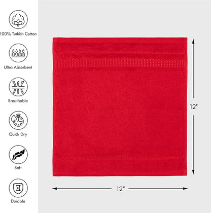Melissa Linen, Soft Washcloths Set of 4 100% Turkish Cotton Small Hand Towels for Bathroom, Face, Kitchen and Body, 12" x 12" Quick Dry, Absorbent Wash Cloths - Red Washcloths