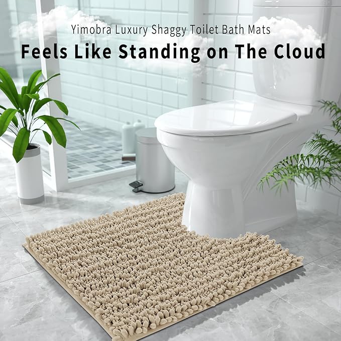 Yimobra Toilet Rug U Shaped Washable 24x24 Inch - Ultra Soft Absorbent Chenille Bath Rugs for Toilet, Quick Dry & Machine Washable, Non Slip Contour Bathroom Mat, Pale Khaki