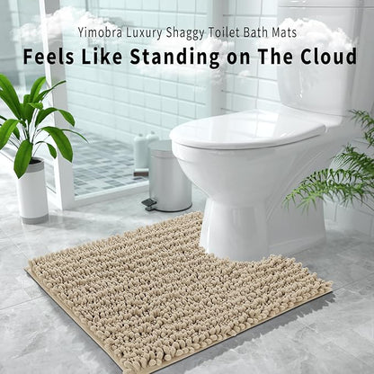 Yimobra Toilet Rug U Shaped Washable 24x24 Inch - Ultra Soft Absorbent Chenille Bath Rugs for Toilet, Quick Dry & Machine Washable, Non Slip Contour Bathroom Mat, Pale Khaki