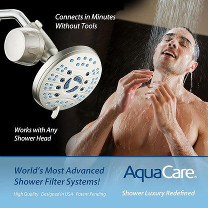 AquaCare Skin & Hair - World's Only Universal Shower Water Filter for All Shower Head Types with ON/OFF Filtration Modes, Instant Cartridge Reload & Stay-Clean American KDF Cartridge, Satin Nickel