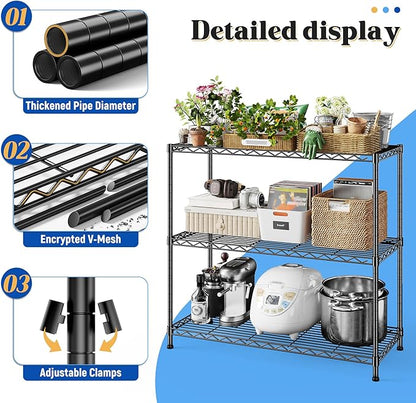 3- Shelf Metal Shelving Unit 35.6Wx14Dx36H,Adjustable Storage Shelves Heavy Duty Garage Steel Shelving for Office,Wire Rack Small Shelf for Kitchen Shelves Laundry Bathroom Pantry Closet Black