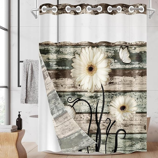 No Hook Vintage Flower Shower Curtain with Snap in Fabric Liner Set, Daisy Wooden Boards Double Layers Waterproof Fabric with See Through Top Window Open Grommet Bath Curtain 54x80 Inch