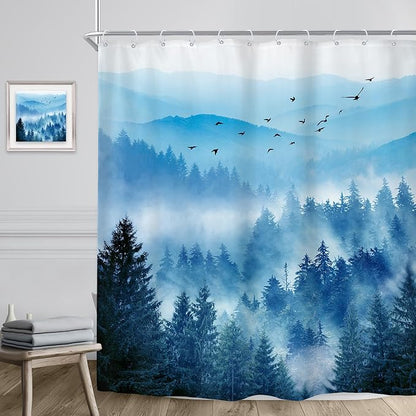 Riyidecor Navy Blue Mountain Shower Curtain 72Wx96H Inch Extra Long Nature Woodland Scenery Park Scene View Foggy Pine Tree Alpine Cool Mens Bathroom Decor Fabric Polyester Waterproof 12 Pack Hooks