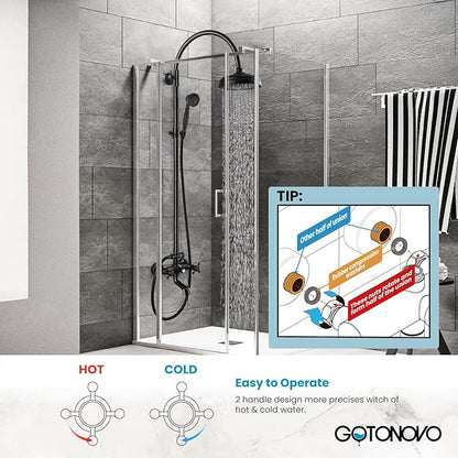 gotonovo Exposed Bathroom Shower System Classic Shower Kit 8 Inch Luxurious Rainfall Shower Head Handheld Spray Tub Filler Brass Pipe 3-Function Wall Mount Double Cross Knobs Oil Rubbed Bronze