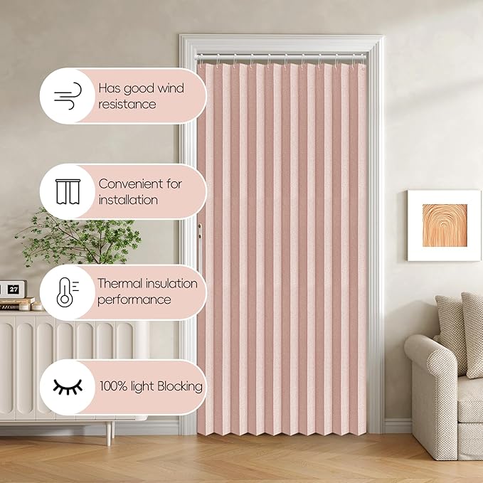 Accordian Door Curtain, 100% Blackout Folding Magnetic Doorway Curtains,Linen Style Closet Doors,for Room Divider,Privacy Protection（W52 x L78,Pink,1 Panel）