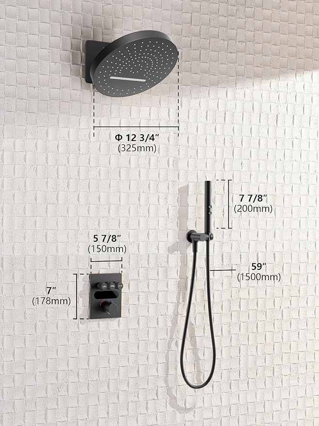 Lefton Shower System in Fahrenheit Display (Battery-free), 13” Overhead Round Rainfall Shower Head with All-in-one Handheld Spray Showerhead, 4-in-1 Control System, SSWM2501 (Matte Black)