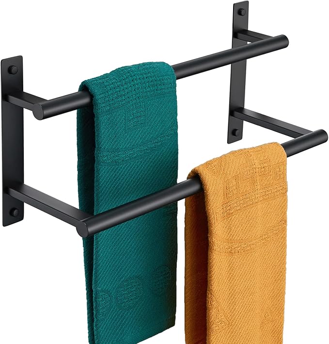 KOKOSIRI 16 Inch Double Towel Bar Bath Towel Racks Bathroom Towel Holder Towel Storage Towel Shelf Wall Mounted Stainless Steel Matte Black B5010BK-L16
