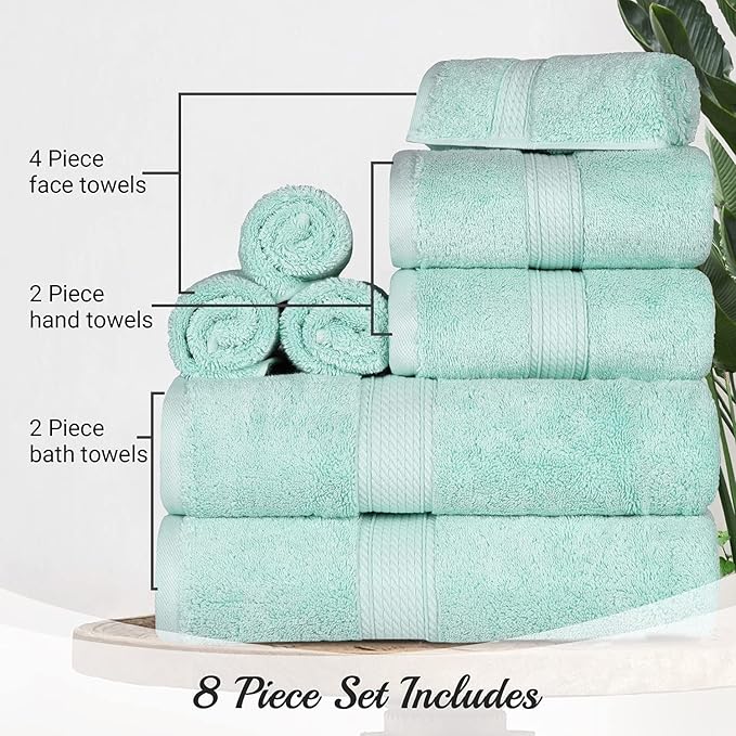 BLUENILEMILLS Madison Egyptian Cotton Towels, Towel Set for Bathroom, Shower, Hotel, Plush, 800 GSM, Highly Absorbent and Ultra-Soft Towels, Bath Essentials, 8 Piece Assorted Towel Set, Sea Foam