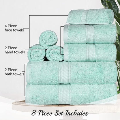 BLUENILEMILLS Madison Egyptian Cotton Towels, Towel Set for Bathroom, Shower, Hotel, Plush, 800 GSM, Highly Absorbent and Ultra-Soft Towels, Bath Essentials, 8 Piece Assorted Towel Set, Sea Foam