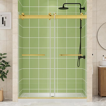 DELAVIN 56-60" W x 75" H Double Sliding Shower Door, Gold Frameless Shower Door, 1/4" (6mm) SGCC Tempered Glass, Noiseless Leak Proof Shower Doors with Square Rail, Stainless Steel, Aluminum