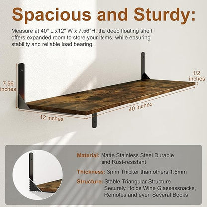 Floating Shelves 40"W x 12"D, Deep Wall Shelves with Brackets for Books, Plant, 12 Inch Deep Bathroom Shelf Set of 2, Large Floating Shelf for Living Room, Bedroom, Kitchen, Rustic Brown, Set of 2