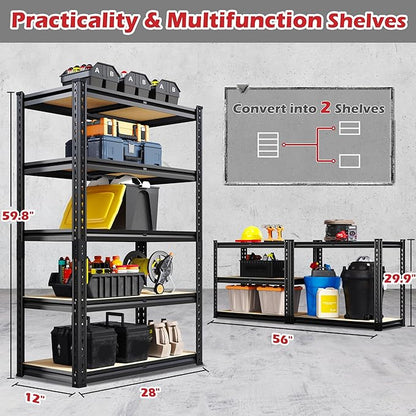REIBII Storage Shelves 5 Tier Adjustable Garage Shelving Heavy Duty Metal Shelving 2020LBS Metal Shelf 59.8" H Pantry Shelf for Garage Pantry Closet Kitchen Basement 28" W x 12" D x 59.8" H, Black
