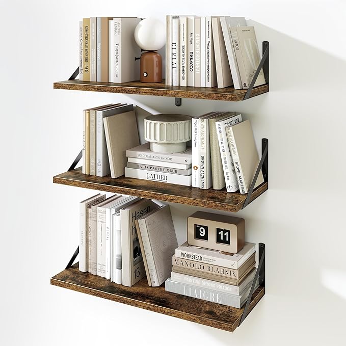 Fun Memories Floating Bookshelves, Set of 3 Wall-Mounted Wood Shelves 24" W x 8" D, Decorative Wall Shelf for Living Room, Bedroom, Bathroom, and Laundry Room (Rustic Brown)