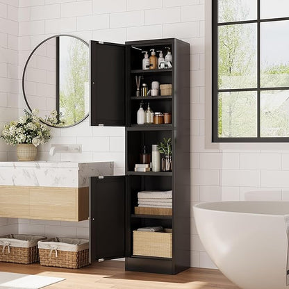 Tall Bathroom Storage Cabinet, Metal Narrow Cabinet with Ajustable Shelves Open Countertop, Slim Pantry Cabinets for Small Spaces, Living Room, Kicthen, Dining Room