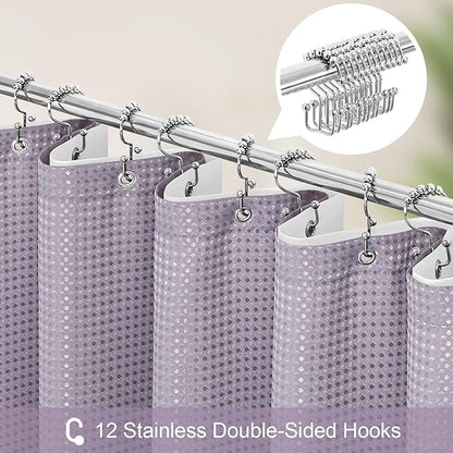 3 in 1 Extra Long Purple Shower Curtain Set-72 W x 84 H, Lavender Waffle and PEVA Liner Set with 12 Stainless Steel Hooks, Waterproof Fabric for Bathroom