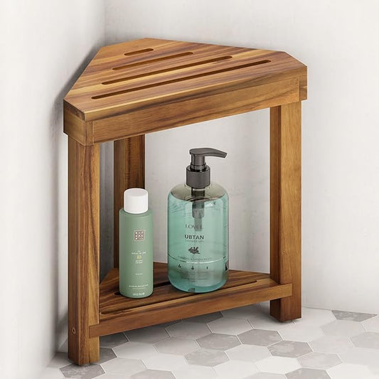 BLUEWEST 16.4" Shower Foot Rest, Corner Shower Stool, Wooden Shower Foot Stool for Shaving Legs Inside Shower, Waterproof Shower Foot Rest with Storage Shelf for Small Shower Space, Shower Seats