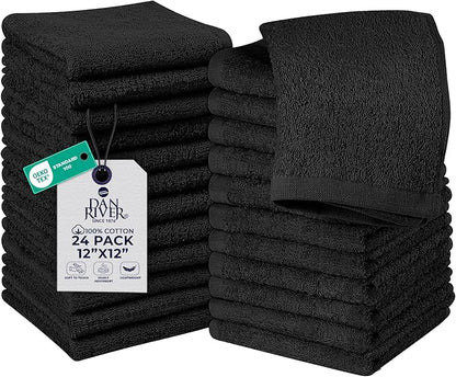 DAN RIVER 24 Pack Wash Cloths for Showering [12x12] - 100% Cotton Washcloths Premium Quality Flannel Face Cloths for Bathroom, Highly Absorbent and Soft Feel Wash Clothes, Black