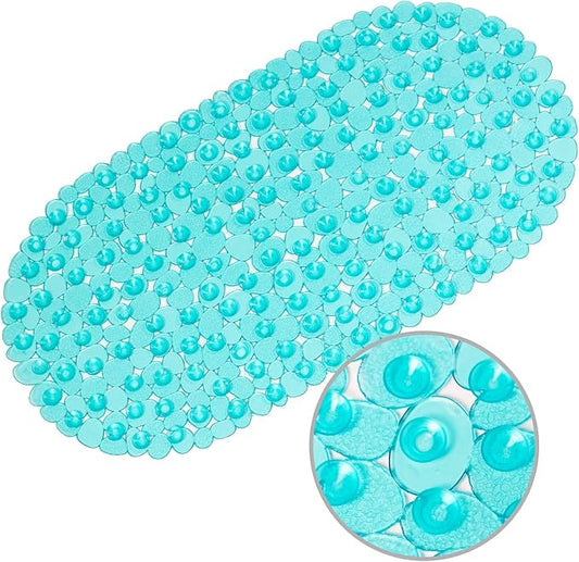WELTRXE Pebbles Bath Mat Oval Non-Slip Bathtub Mat with Suction Cups, Drain Holes for Bathroom Showers, Tub, Machine Washable, BPA, Latex Free Safe Shower Mats, 27 x 14 Inch, Teal