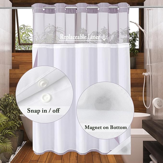 Gibelle No Hook Waffle Weave Shower Curtain with Snap-in Fabric Liner Set for Bathroom, Hotel Style with Mesh Top Window, Waterproof & Washable, Lavender, 72x74