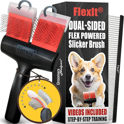 FlexIt Flexible Slicker Brush for Dogs - Professional 3-in-1 System & Video Trainings - Dual-Sided Dematting, Undercoating & Finishing Dog Grooming Brush by Groomers Helper (Single, Firm Flex)