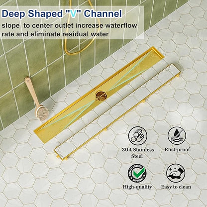 Neodrain 30-Inch Gold Linear Shower Drain with Tile Insert Cover, Golden 304 Stainless Steel Rectangle Shower Floor Drain, Linear Drain with Leveling Feet, Hair Strainer,CUPC Certified