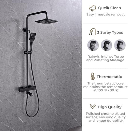 Outdoor Shower Faucet Set 8" Square Shower Head 3 Function Thermostatic Rainfall Shower Fixtures, Handheld Sprayer Tub Spout with Constant Temperature with Height Adjustable Slide Bar