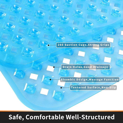 Yimobra Non Slip Bath Mat, Super Strong Suction Cups,34.5"x15.5"Long Tub Mat with Drain Holes, Machine Washable Fast Draining Shower Mats, Bathroom Essentials,Clear Blue