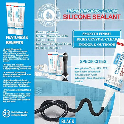 8Oz Black Waterproof Caulk & Seal Silicone Sealant, Wadities Tile Grout Repair Kit with Grout Remove Scraper, Shrink & Crack Proof for Bathroom, Shower, Kitchen, Floor (4Oz, Pack of 2)