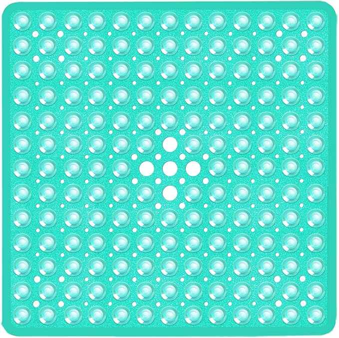 Square Shower Bathtub Mat Non Slip for Inside Shower Clear Green 21x21 Inch, Shower Stall Mats for Bathroom Floor, Soft Bath Mat for Tub with Big Suction Cups Drain Holes, Easy Washable Dry