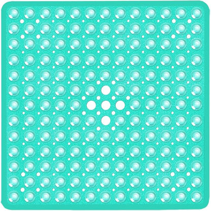 Square Shower Bathtub Mat Non Slip for Inside Shower Clear Green 21x21 Inch, Shower Stall Mats for Bathroom Floor, Soft Bath Mat for Tub with Big Suction Cups Drain Holes, Easy Washable Dry
