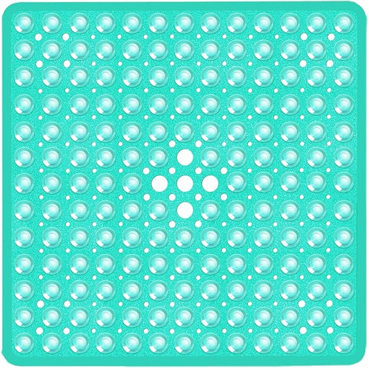 Square Shower Bathtub Mat Non Slip for Inside Shower Clear Green 21x21 Inch, Shower Stall Mats for Bathroom Floor, Soft Bath Mat for Tub with Big Suction Cups Drain Holes, Easy Washable Dry