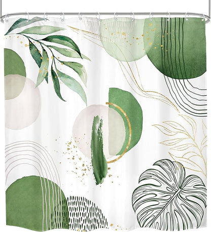Green Boho Shower Curtain 72Wx72H Mid Century Modern Abstract Gold Olive Tropical Palm Leaves Plant Geometric Bathroom Decor Minimalist Bohemian Bath Curtain Fabric Polyester 12 Pack Hooks
