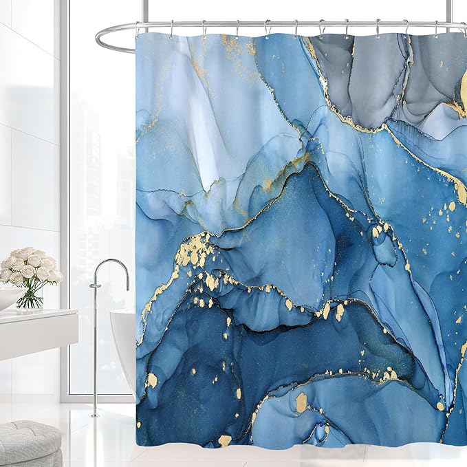 Extra Long Shower Curtain 72 x 96 Inch, Blue Floor to Ceiling X-Long Abstract Marble Shower Curtains for Bathroom, Modern Luxury Art Ink Fabric Shower Curtain Set with Hooks
