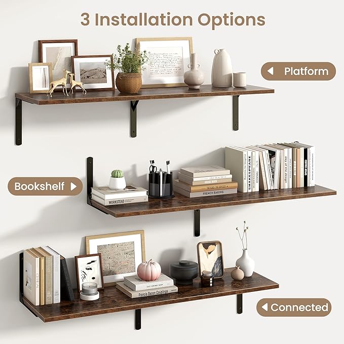 Fun Memories Rustic Brown 12 Inch Deep Floating Shelves Set of 2, Wall Mounted Shelf with Metal Brackets, Rustic Wood Wall Shelf for Bathroom, Kitchen and Living Room, Rustic Brown, 48W x 12D