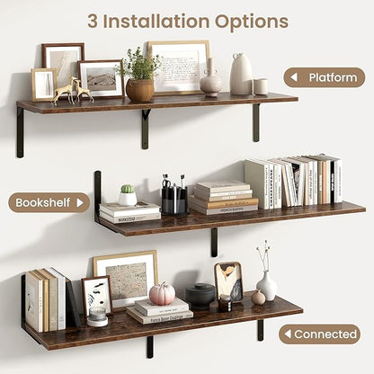 Fun Memories Rustic Brown 12 Inch Deep Floating Shelves Set of 2, Wall Mounted Shelf with Metal Brackets, Rustic Wood Wall Shelf for Bathroom, Kitchen and Living Room, Rustic Brown, 48W x 12D