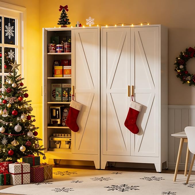 Metal Kitchen Pantry Cabinet,71" White Farmhouse Storage Cabinet with 2 Vintage Barn Doors and 4 Adjustable Shelves, Rustic Freestanding Cupboard for Kitchen,Home Office Living Room,Dining Room