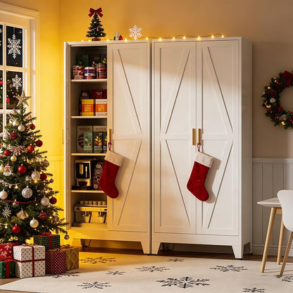Metal Kitchen Pantry Cabinet,71" White Farmhouse Storage Cabinet with 2 Vintage Barn Doors and 4 Adjustable Shelves, Rustic Freestanding Cupboard for Kitchen,Home Office Living Room,Dining Room