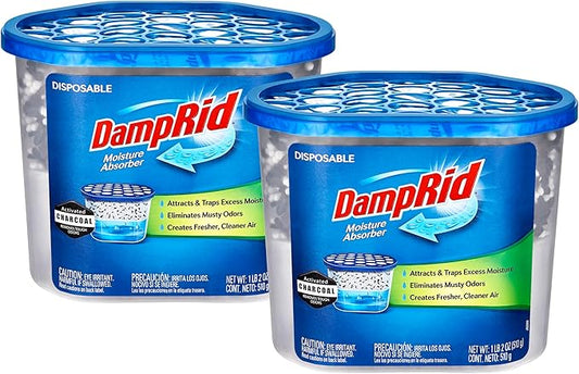 Damp Rid Moisture Absorber & Odor Remover with Activated Charcoal - Fragrance Free - 18 oz. (Pack of 2) Disposable, Lasts Up To 60 Days, No Electricity Required - Ilios Packaging.